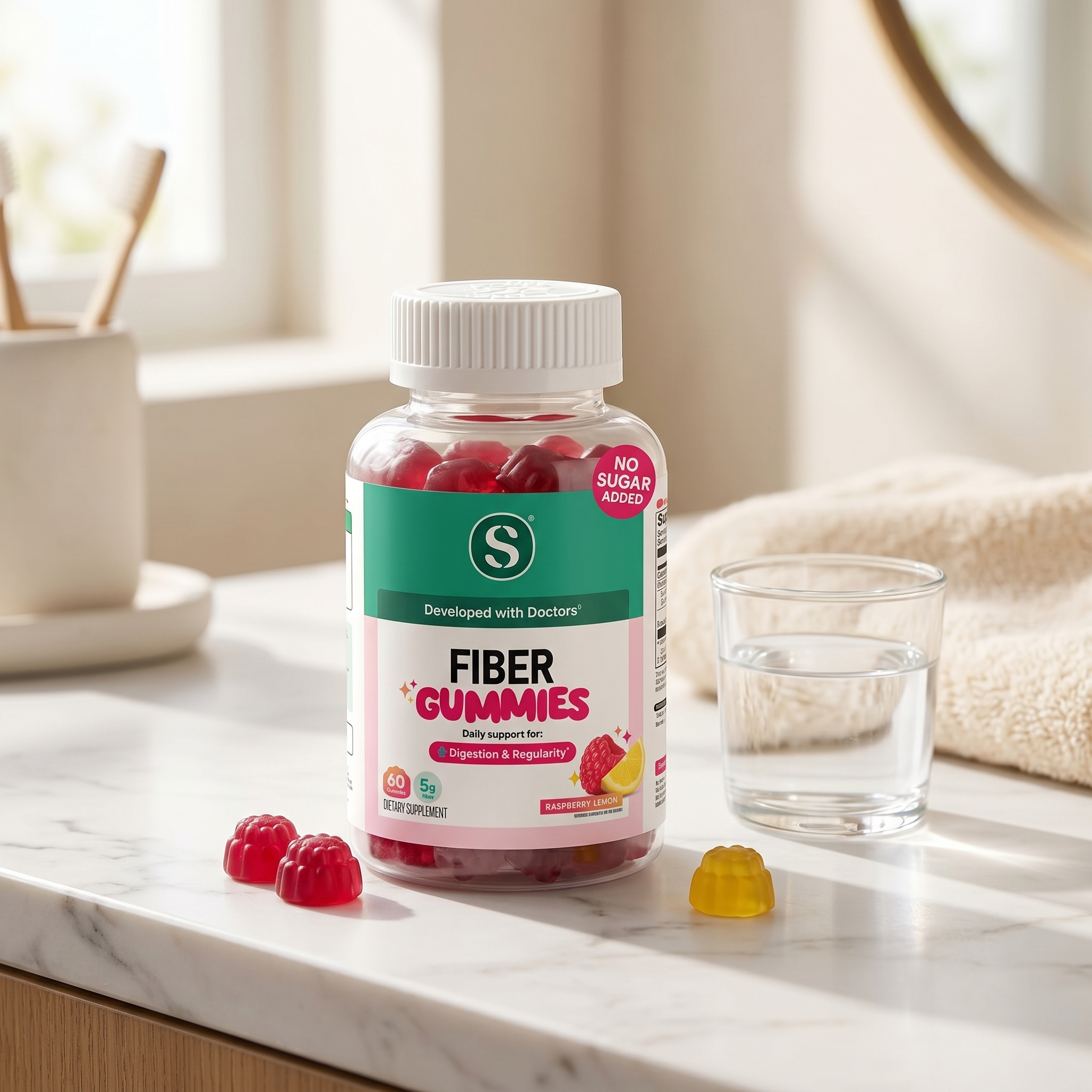 GoBottom fiber gummies on a bathroom counter